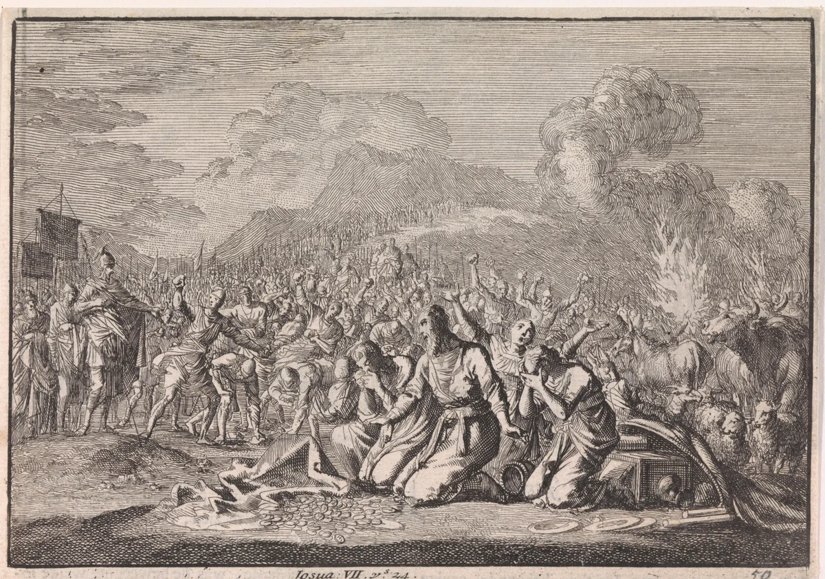 Steniging van Achan en zijn familie by Jan Luyken, print, 1703-1762