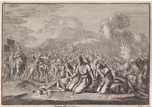 Steniging van Achan en zijn familie by Jan Luyken, print, 1703-1762