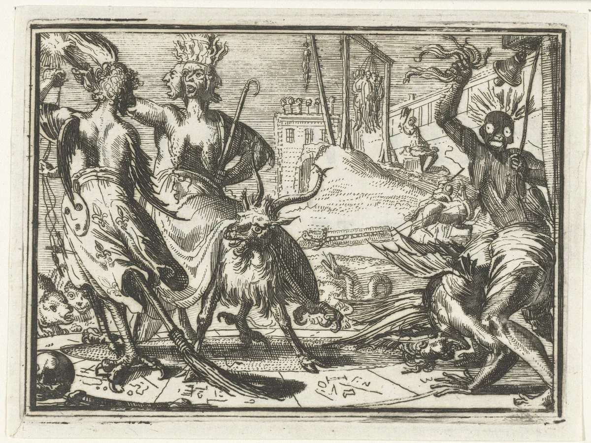 Titelblad voor het pamflet: De Horlende Kollendans, op Tilburn, 1702 by Romeyn de Hooghe, print, 1702