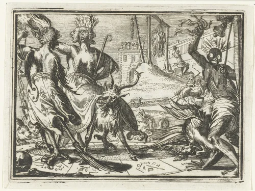 Titelblad voor het pamflet: De Horlende Kollendans, op Tilburn, 1702 by Romeyn de Hooghe, print, 1702