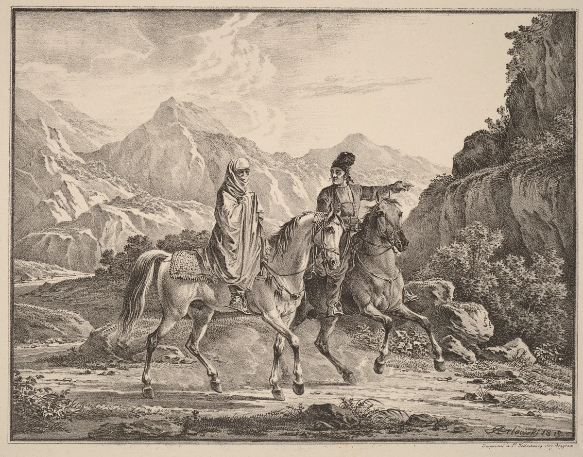 Man and Veiled Woman on Horseback by Aleksandr Osipovich Orlovskii, print, 1820