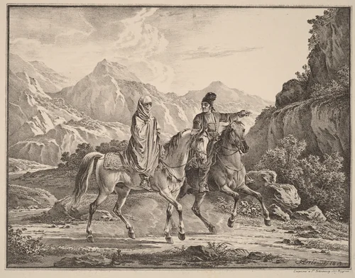 Man and Veiled Woman on Horseback by Aleksandr Osipovich Orlovskii, print, 1820