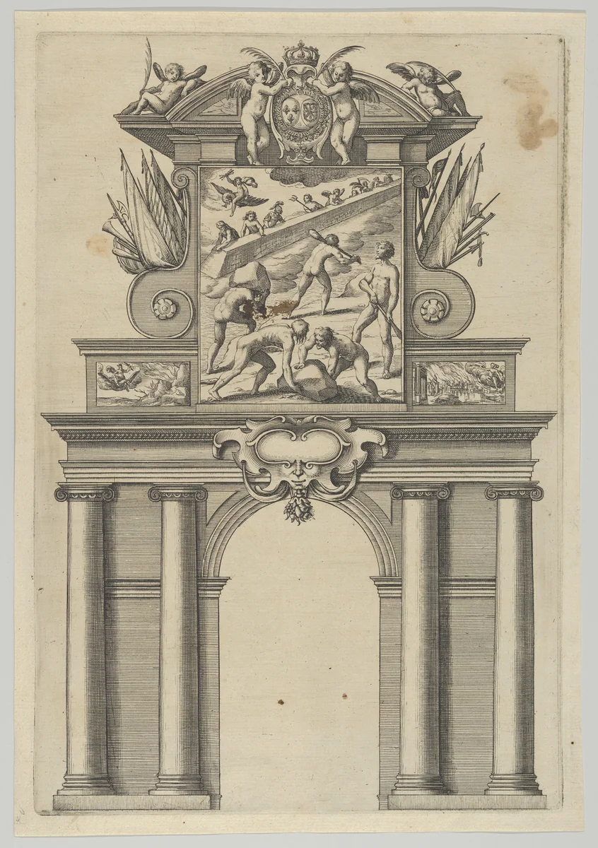 Triumphal arch, from 'Éloges et discours sur la triomphante réception du Roy en sa ville de Paris ...' by Jean-Baptiste de Machault by Melchior Tavernier, print, 1629