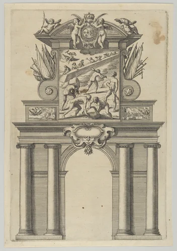 Triumphal arch, from 'Éloges et discours sur la triomphante réception du Roy en sa ville de Paris ...' by Jean-Baptiste de Machault by Melchior Tavernier, print, 1629