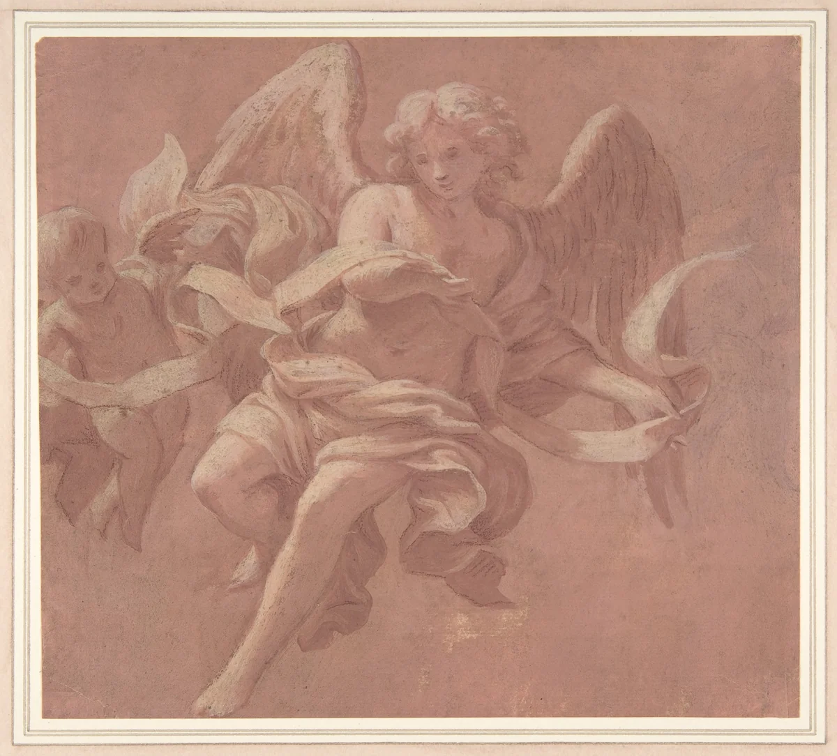 Putto and Angel Holding a Banderole by Antonio Franchi, drawing, 1706
