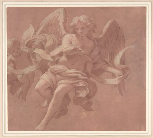 Putto and Angel Holding a Banderole by Antonio Franchi, drawing, 1706