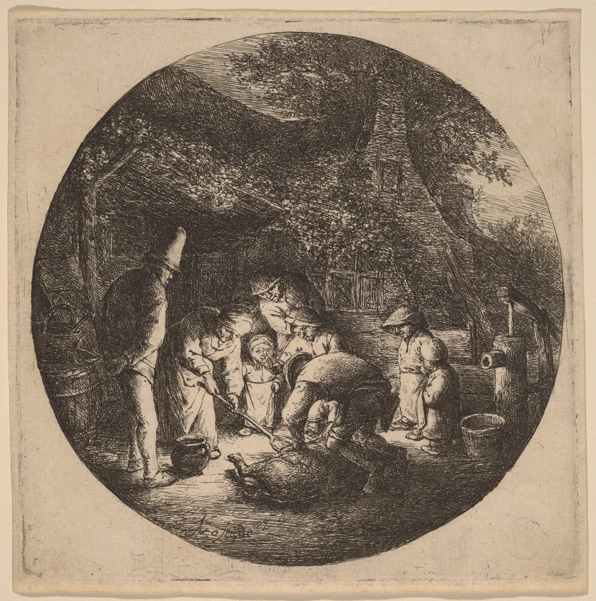 Peasants Outside a Farm Slaughtering a Pig by Adriaen van Ostade, print, 1647-1657