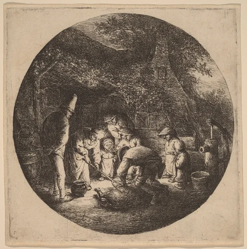 Peasants Outside a Farm Slaughtering a Pig by Adriaen van Ostade, print, 1647-1657