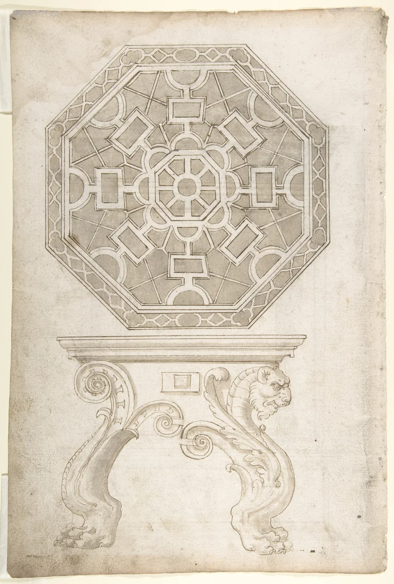 Design for an Octagonal Table and Top (recto); Design for Altar or Tomb Monument (verso) by anonymous, drawing, 1530-1560