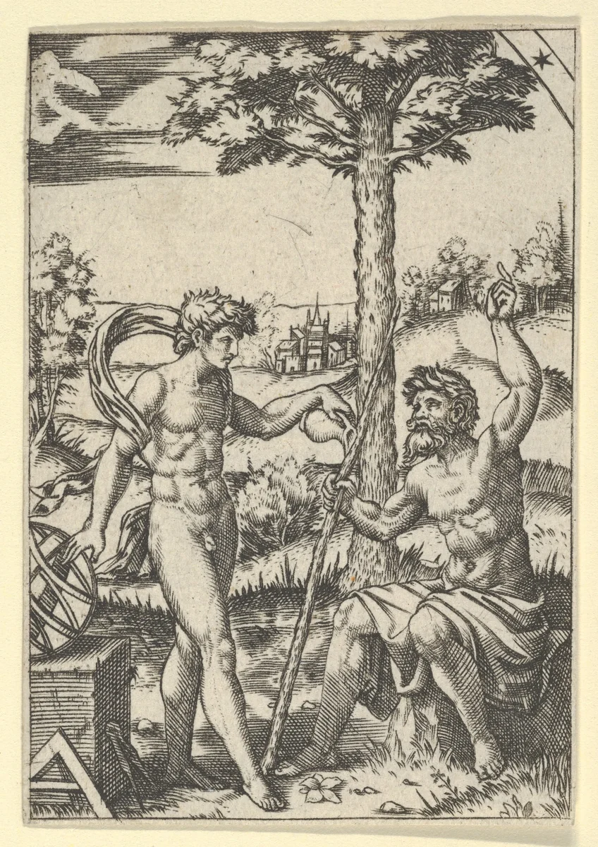 Seated old shepherd gesturing towards the sky and speaking to nude male surrounded by tools of measurement by anonymous, print, 1500-1600