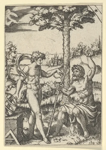 Seated old shepherd gesturing towards the sky and speaking to nude male surrounded by tools of measurement by anonymous, print, 1500-1600