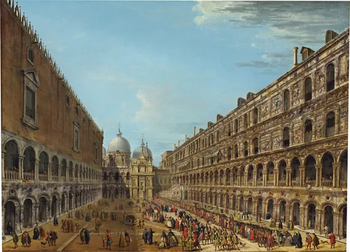 Procession in the Courtyard of the Ducal Palace, Venice by Antonio Joli, painting, 1742