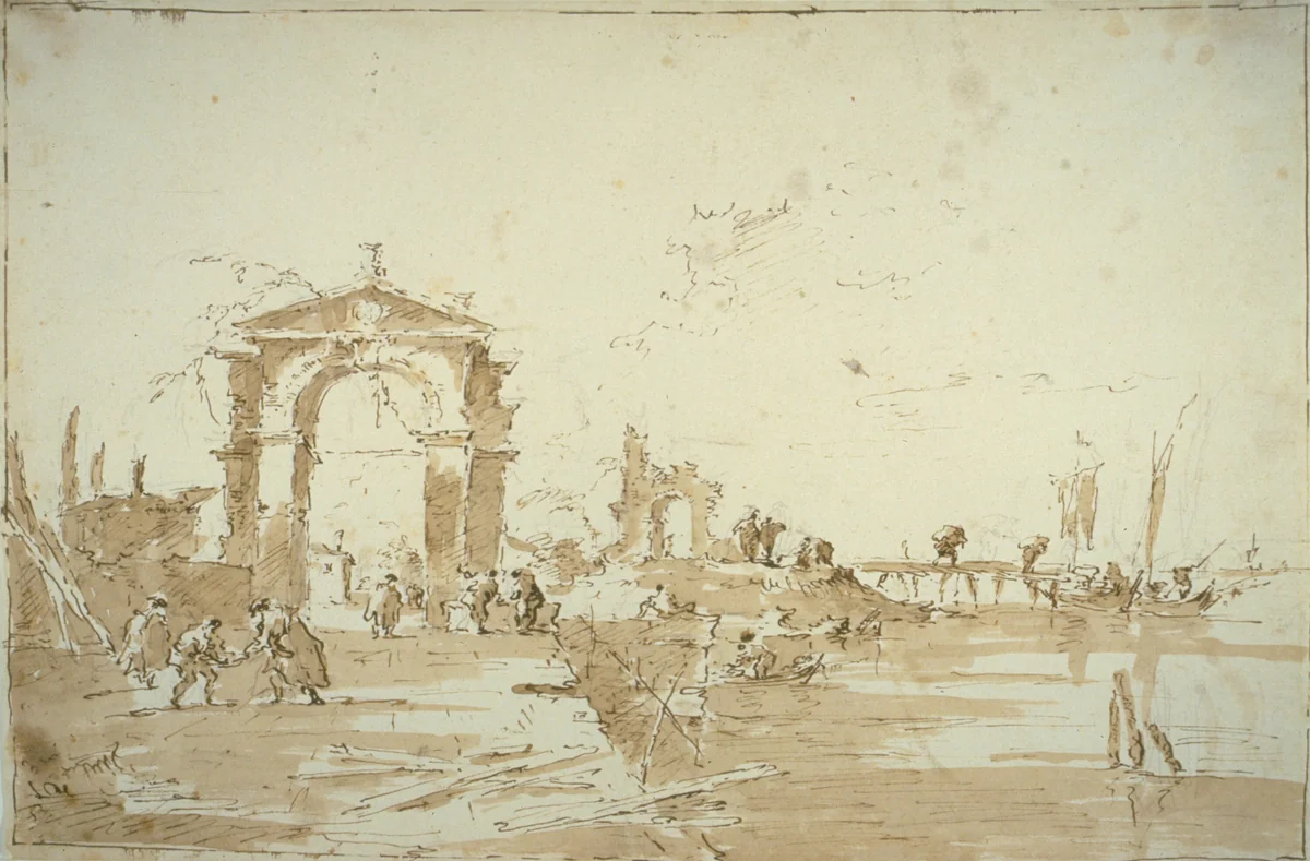 Gateway Near a Landing Bridge by Francesco Guardi, drawing, 1780-1785
