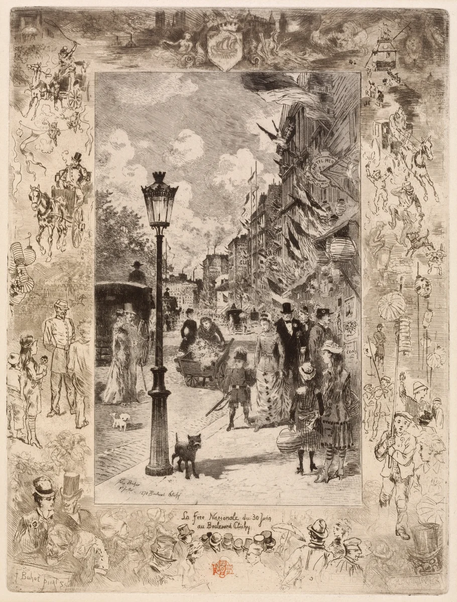 La Fête nationale au Boulevard Clichy (National Holiday on the Boulevard de Clichy) by Félix-Hilaire Buhot, print, 1878