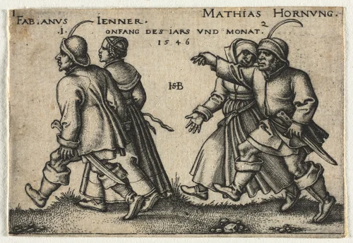 The Peasant Wedding or the Twelve Months: 1-Fabianus Jenner 2-Mathias Hornung by Hans Sebald Beham, print, 1546