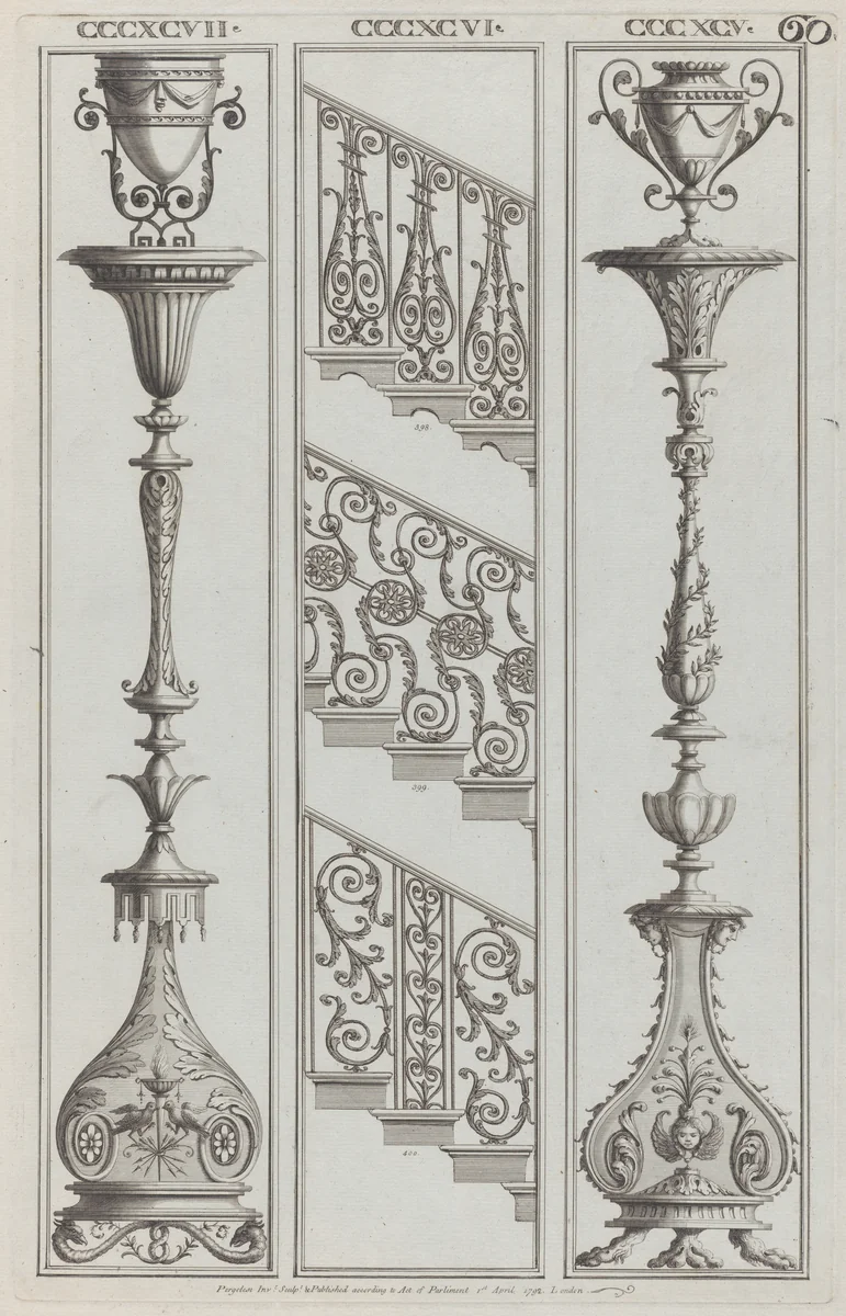 Candelabra Designs and Stair Railing Designs, nos. CCCXCV–CCCXCVII and 398–400, plate 60 from "Designs for Various Ornaments" by Michelangelo Pergolesi, print, 1792