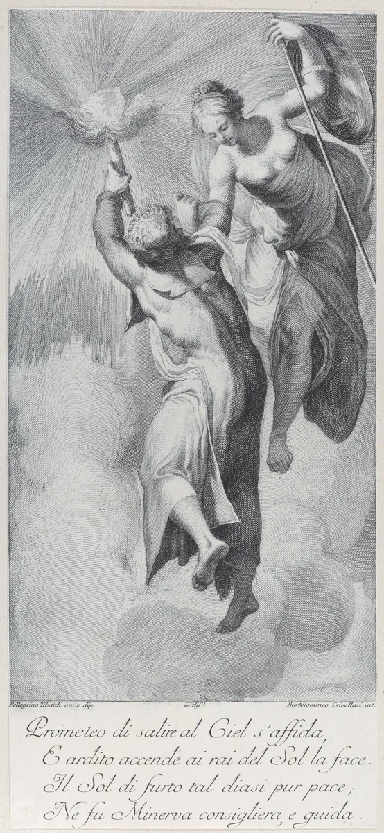 Minerva assisting Prometheus as he attempts to scale the heavens by Bartolomeo Crivellari, print, 1756