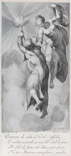 Minerva assisting Prometheus as he attempts to scale the heavens by Bartolomeo Crivellari, print, 1756