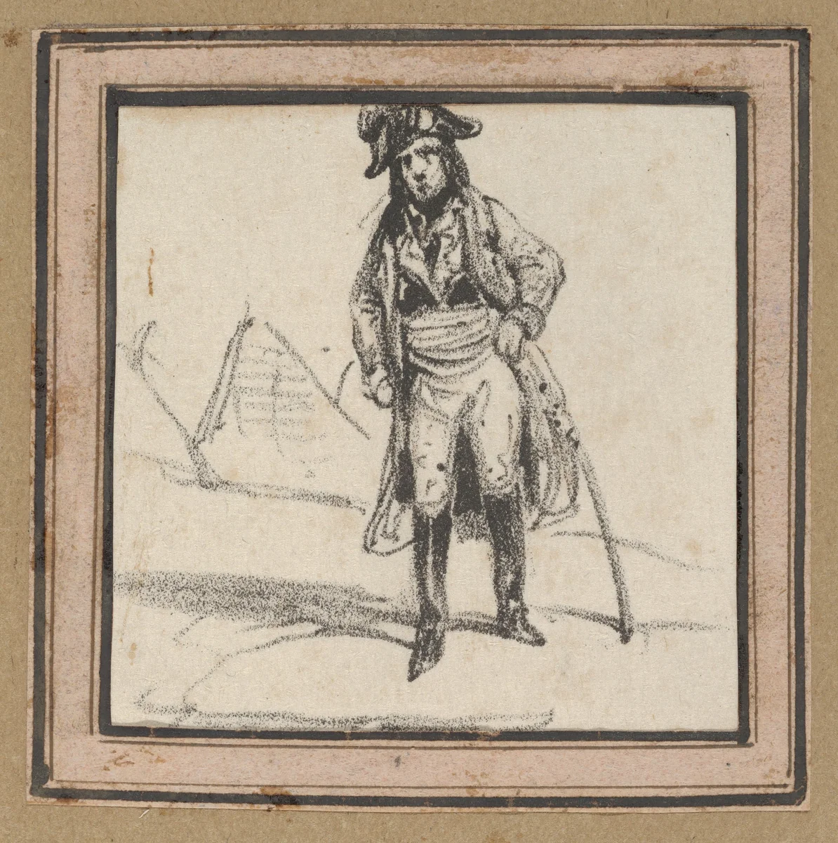 Soldier leaning on his sword by Victor Adam, print, 1820-1866