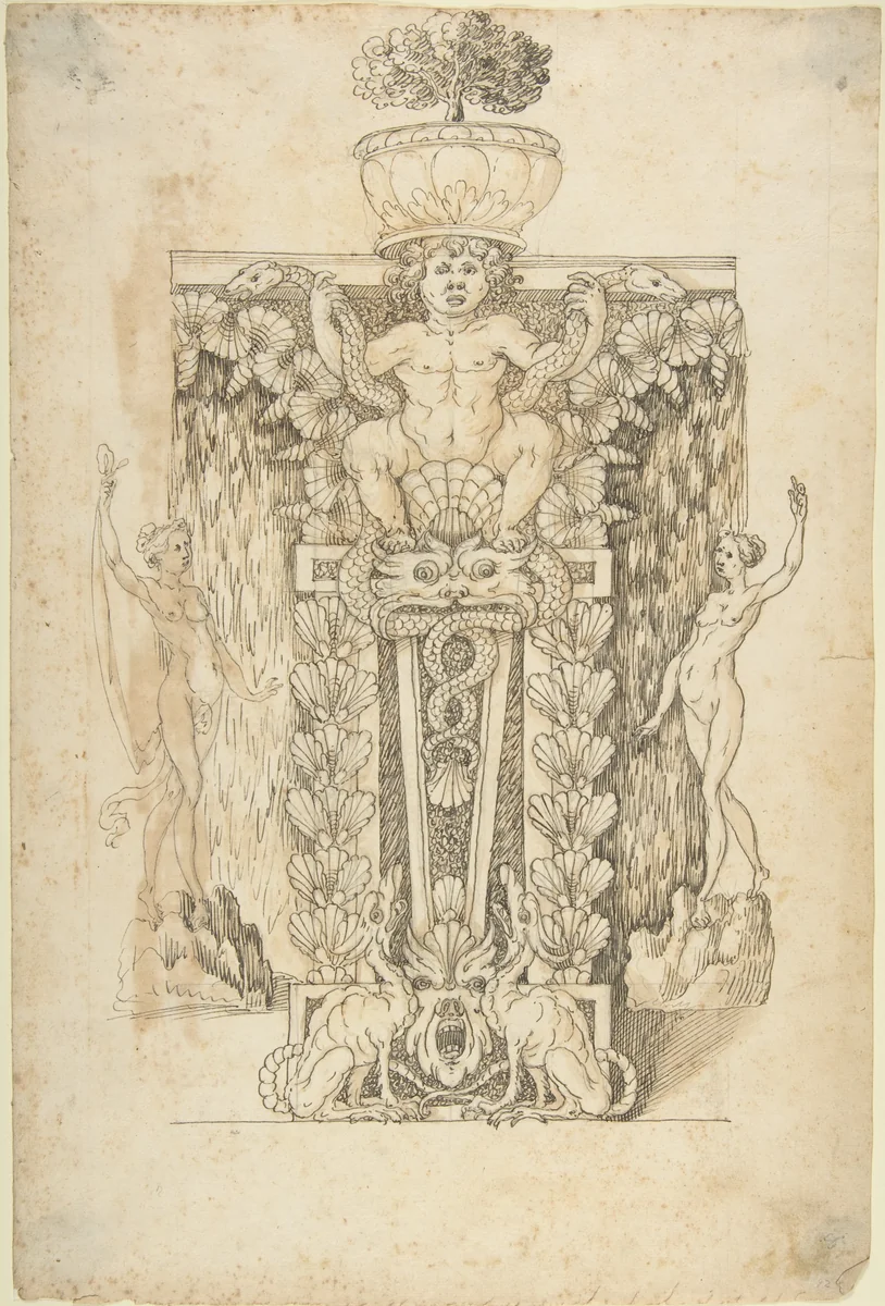 Design for a Wall Fountain by anonymous, drawing, 1550-1620