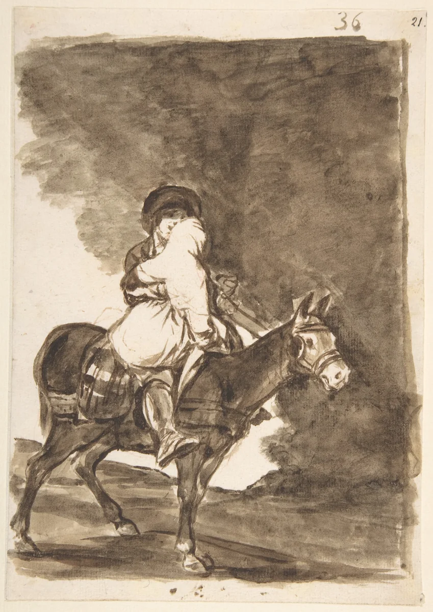 A man and a woman riding a mule; page 36 from the "Images of Spain" Album (F) by Goya, drawing, 1807-1825