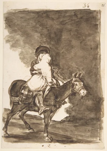 A man and a woman riding a mule; page 36 from the "Images of Spain" Album (F) by Goya, drawing, 1807-1825