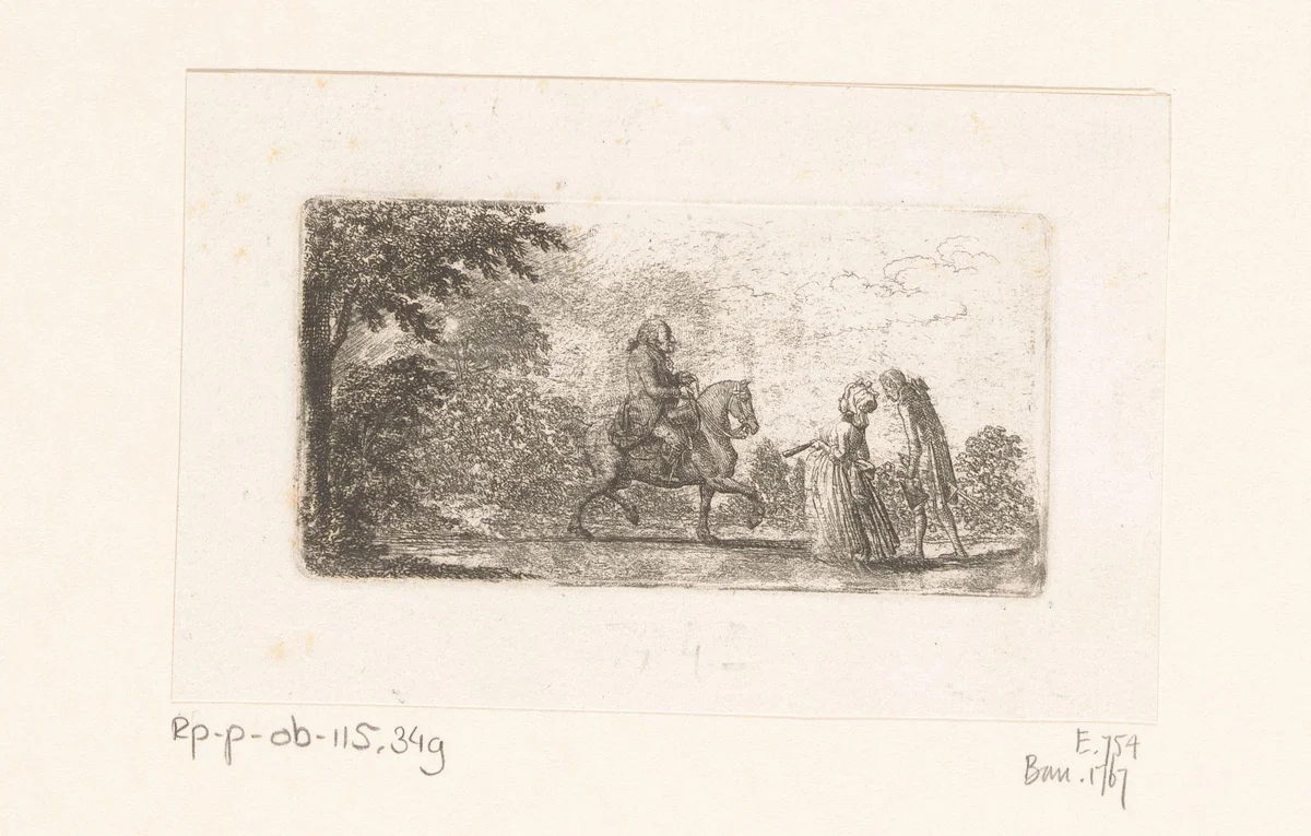 Kleine man te paard, tegemoet gelopen door een man en vrouw by Daniel Nikolaus Chodowiecki, print, 1794