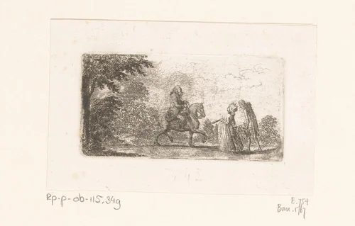 Kleine man te paard, tegemoet gelopen door een man en vrouw by Daniel Nikolaus Chodowiecki, print, 1794