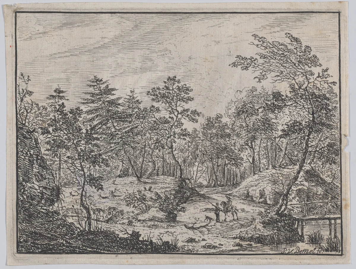Forest landscape with a rider conversing with a man at center, a footbridge at right by Peter von Bemmel, print, 1716