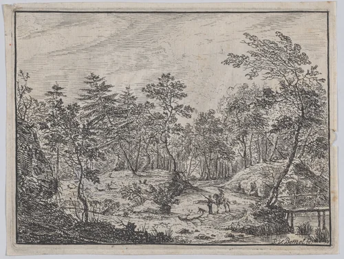 Forest landscape with a rider conversing with a man at center, a footbridge at right by Peter von Bemmel, print, 1716
