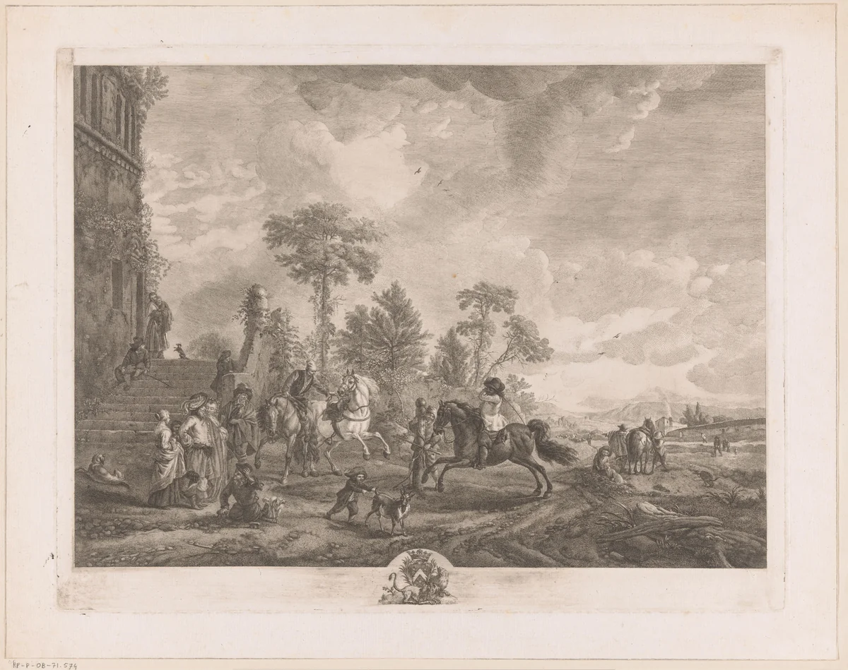 Rijles voor een huis in een landschap by Jean Moyreau, print, 1756