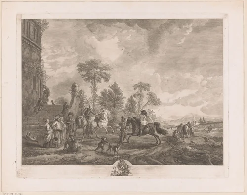 Rijles voor een huis in een landschap by Jean Moyreau, print, 1756