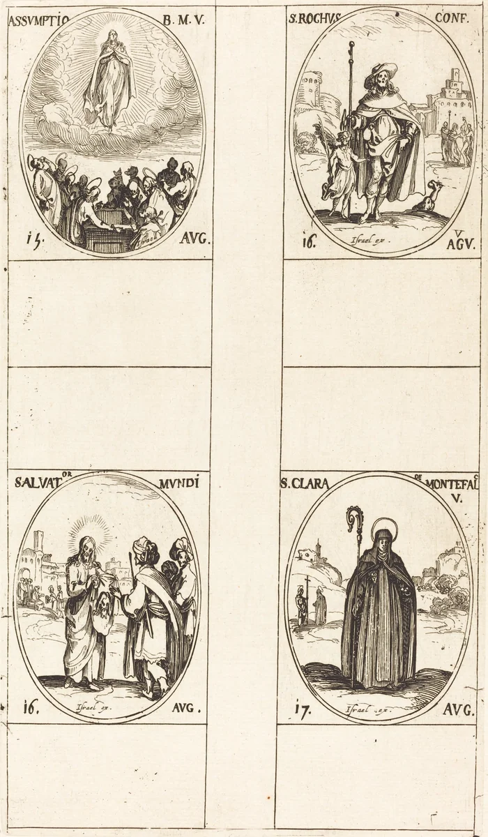 The Assumption; St. Roch; Salvator Mundi; St. Clare of Monte Falco by Jacques Callot, print, 1627-1637