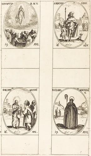The Assumption; St. Roch; Salvator Mundi; St. Clare of Monte Falco by Jacques Callot, print, 1627-1637