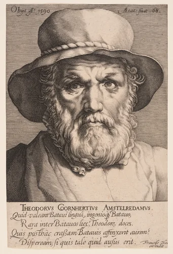 Dirck Volkertsz. Coornhert by Jan Harmensz. Muller, print, 1590