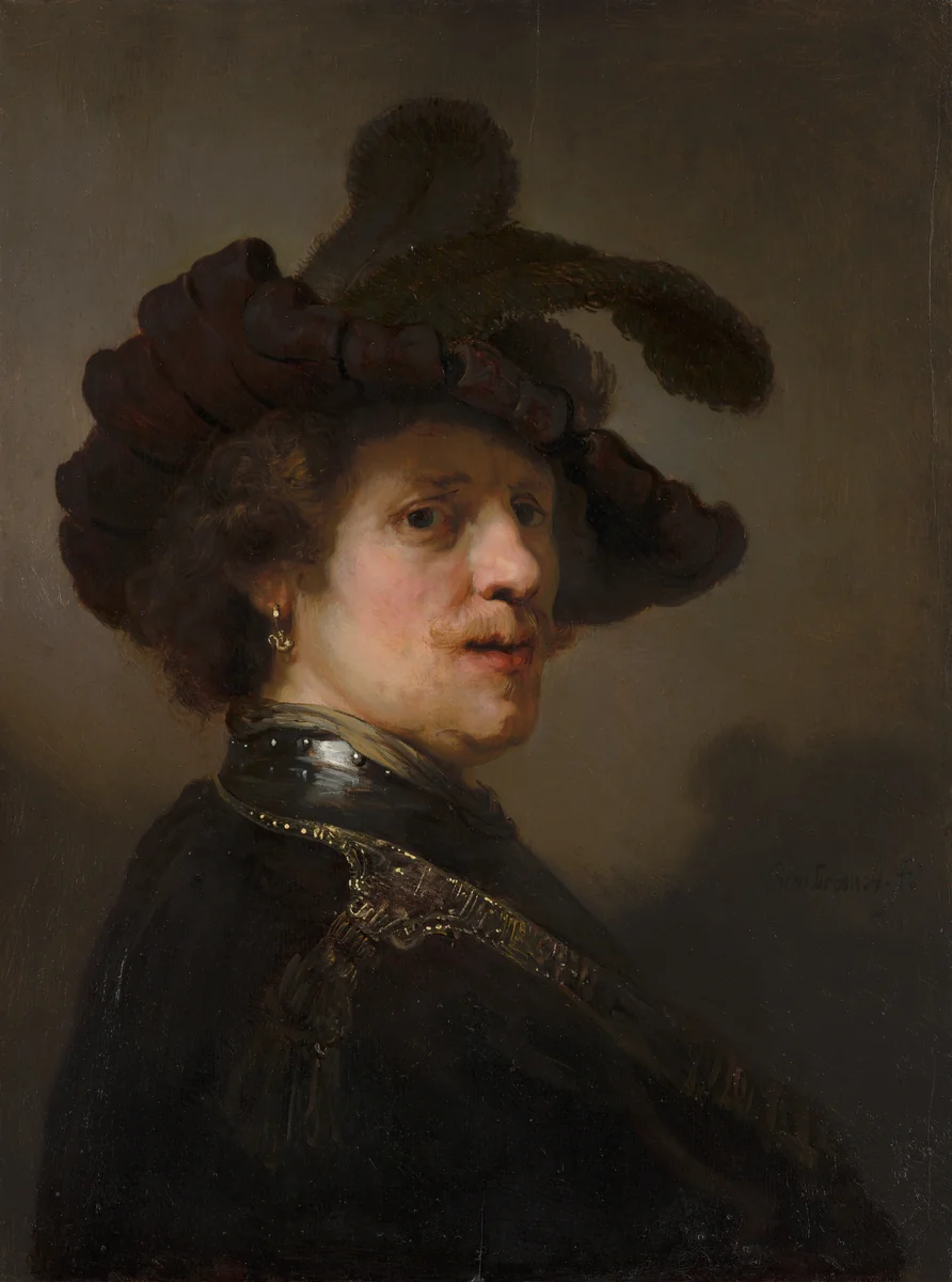 'Tronie' of a Man with a Feathered Beret by Rembrandt van Rijn, painting, 1635