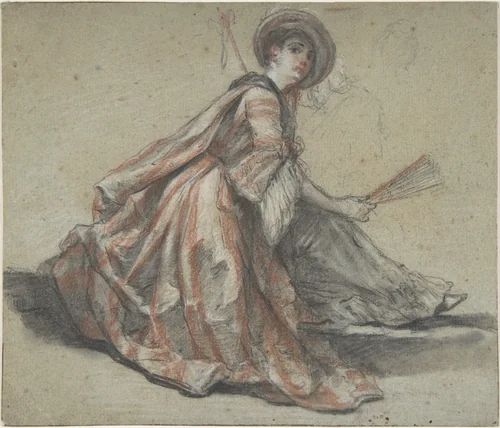 A Lady Holding a Fan by Michel Barthélémy Ollivier, drawing, 1725-1784