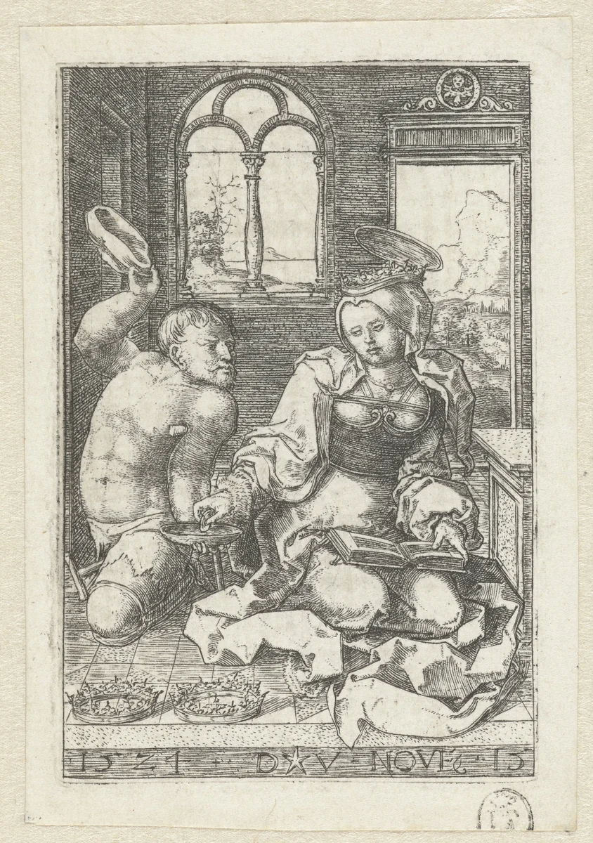 Heilige Elisabeth van Hongarije geeft een aalmoes aan een bedelaar op okselkrukken by Unknown, print, 1524