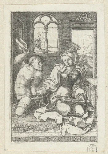 Heilige Elisabeth van Hongarije geeft een aalmoes aan een bedelaar op okselkrukken by Unknown, print, 1524