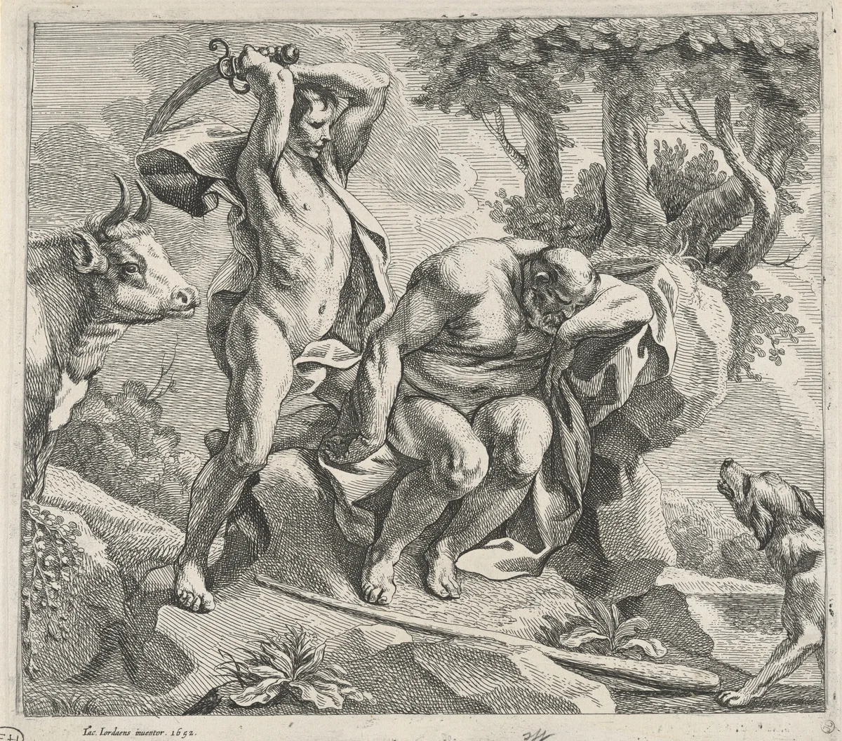 Mercury Killing Argus by Remoldus Eynhoudts; Jacob Jordaens, print, 1652