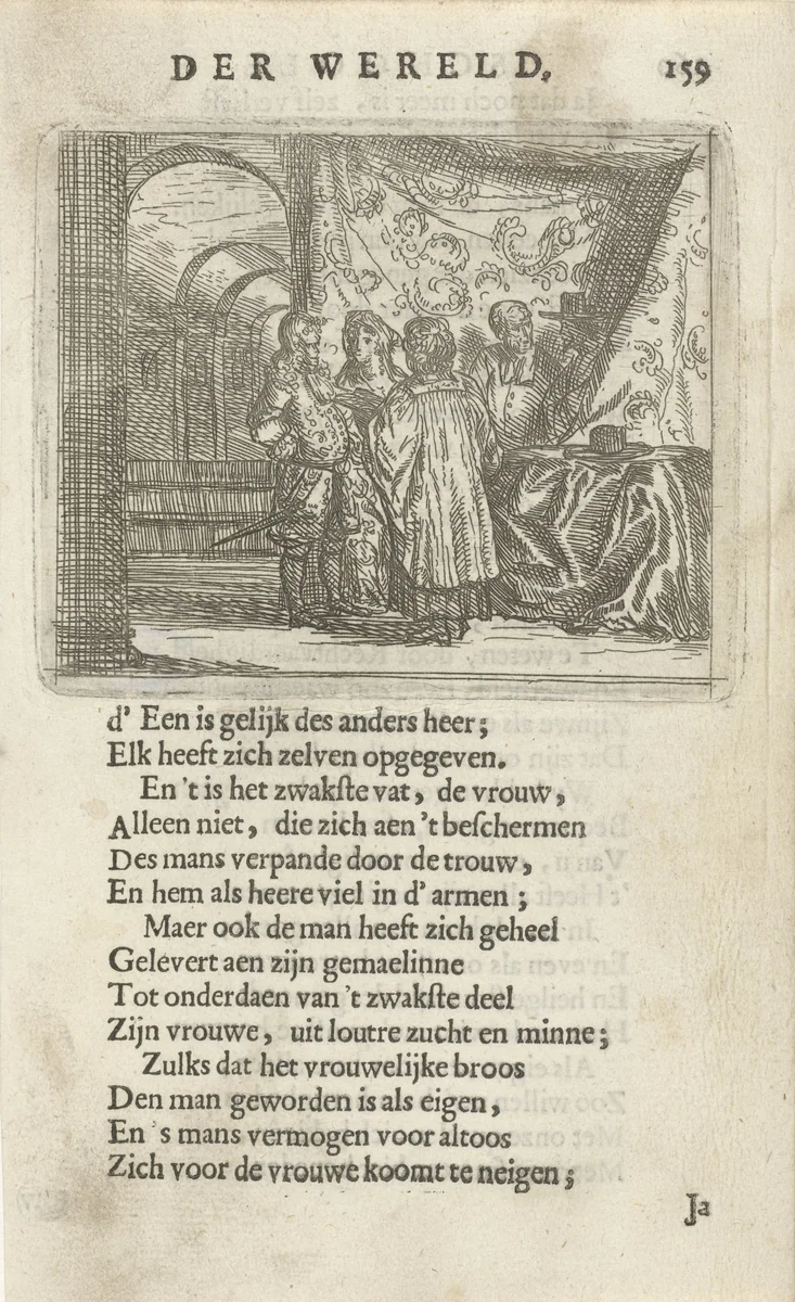 Huwelijksvoltrekking in een interieur by Arnold Houbraken, print, 1682