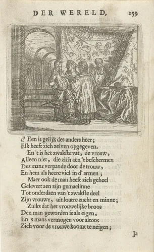 Huwelijksvoltrekking in een interieur by Arnold Houbraken, print, 1682