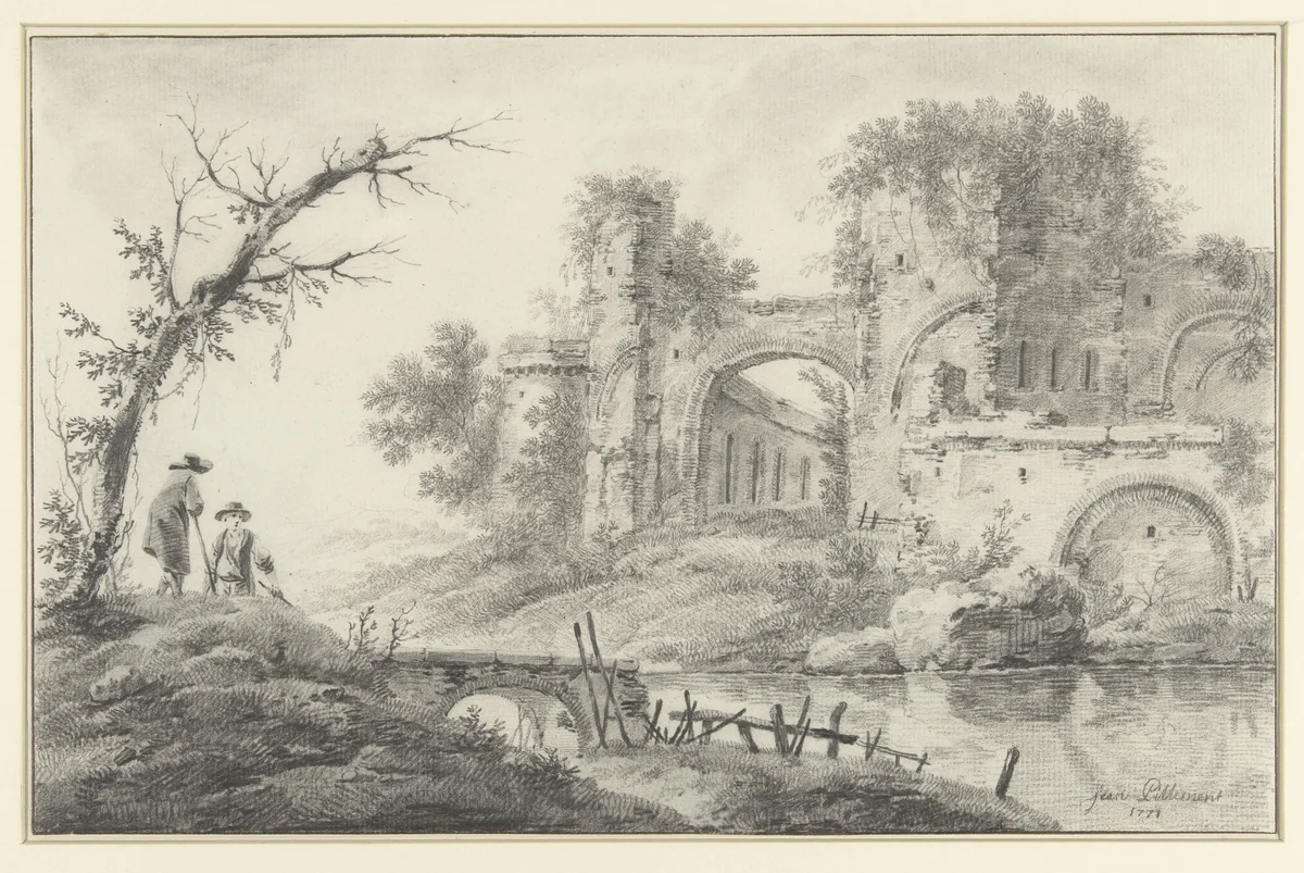 Ruïne aan een rivier met twee landlieden by Jean Baptiste Pillement, drawing, 1771