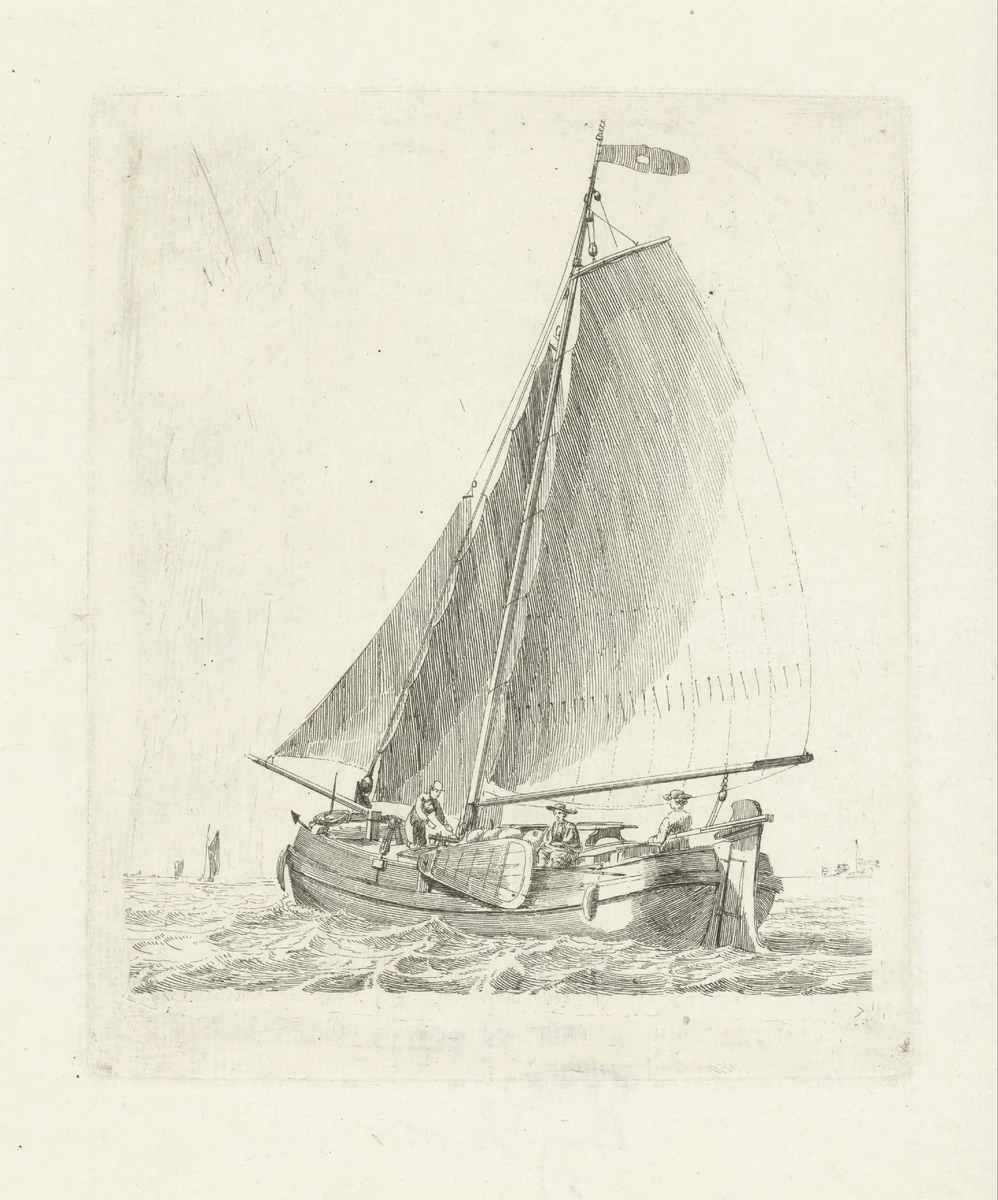 Zeilschip met drie figuren by Gerrit Groenewegen, print, 1787