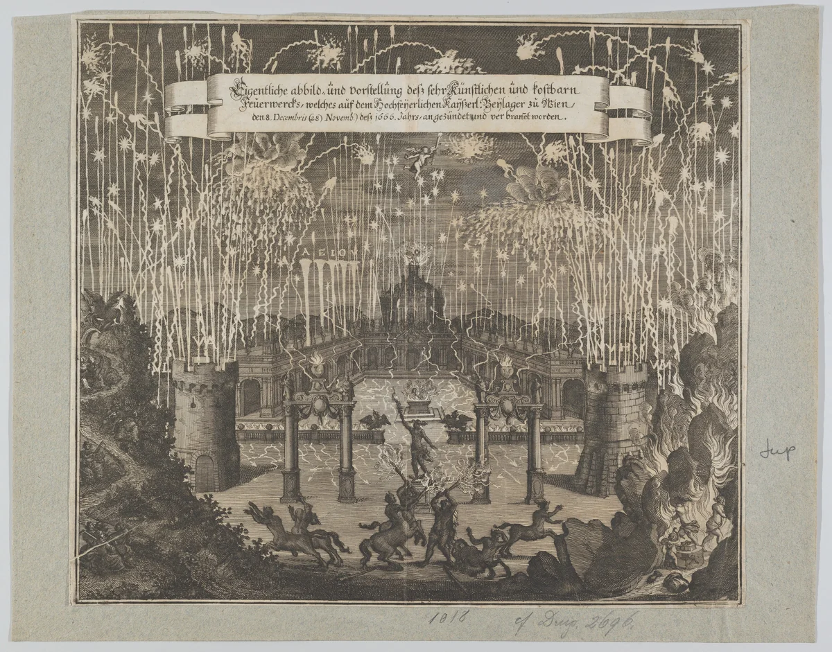 Fireworks celebrating the marriage of Emperor Leopold I and Margarita, Vienna 1666 by Melchior Küsel, print, 1666-1700