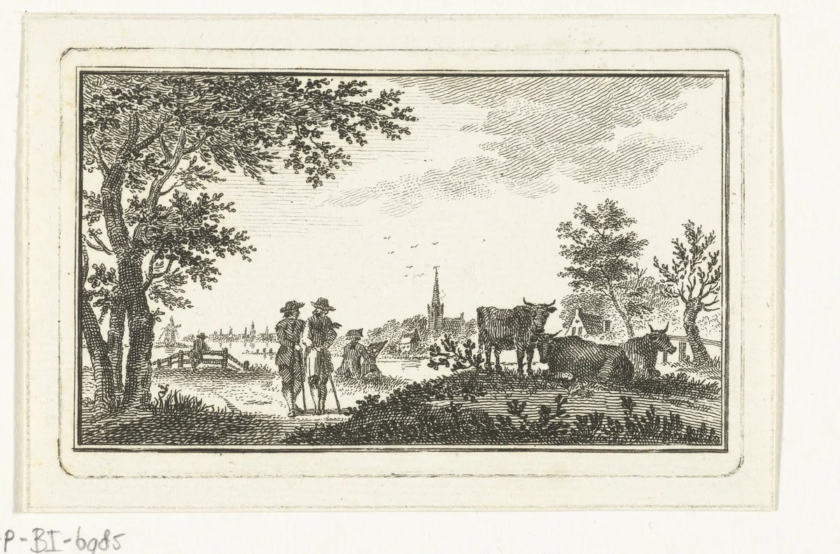 Rivierlandschap met wandelaars en tekenaar bij dorp by Abraham Delfos, print, 1764-1765