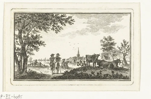 Rivierlandschap met wandelaars en tekenaar bij dorp by Abraham Delfos, print, 1764-1765