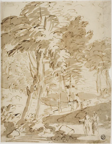Wooded Landscape with Figures and Animals by Unknown Artist, drawing, 1700-1799