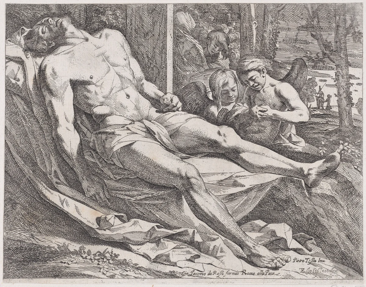 The dead Christ accompanied by angels at right by Giovanni Cesare Testa, print, 1625-1675
