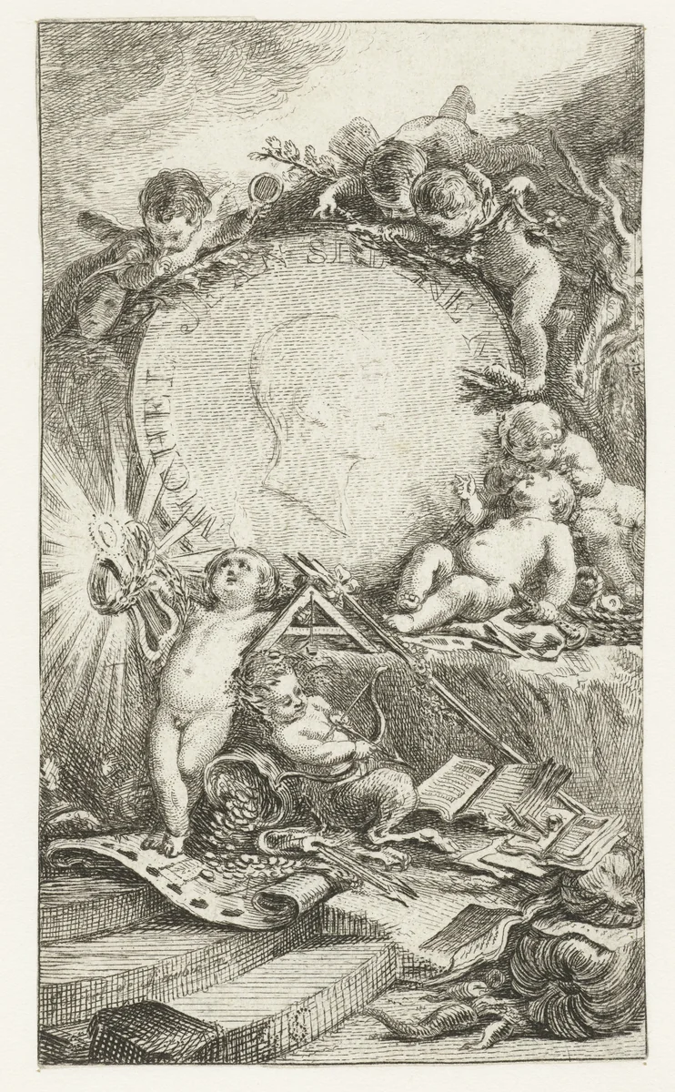 Medaille met Michel Jean Sédaine omringd door putti by Gabriel Jacques de Saint-Aubin, print, 1757